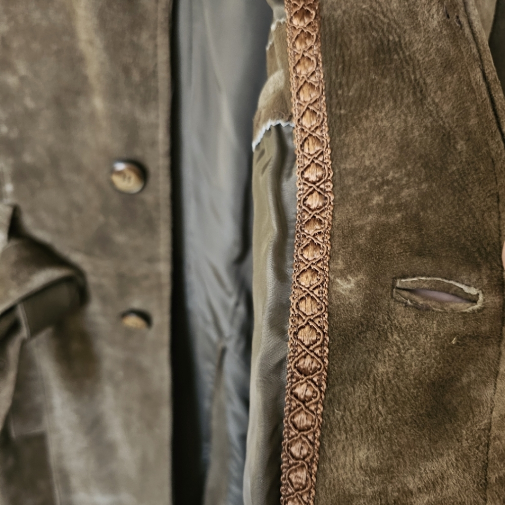 Vintage 70s Handmade Buckskin Suede Trench Coat Natural Undyed Leather Unisex - Picture 6 of 8